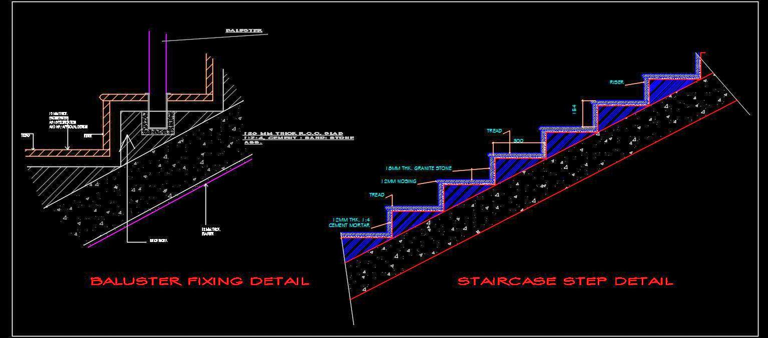 Staircase Steps and Baluster Fixing Free CAD Drawing